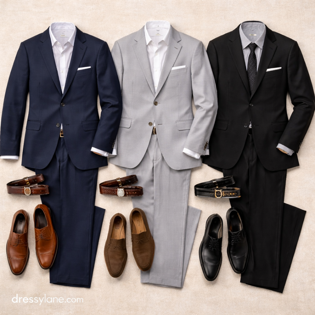 Minimalist men’s wedding guest outfits displayed as a flat lay with tailored suits, dress shoes, belts, and refined neutral accessories.