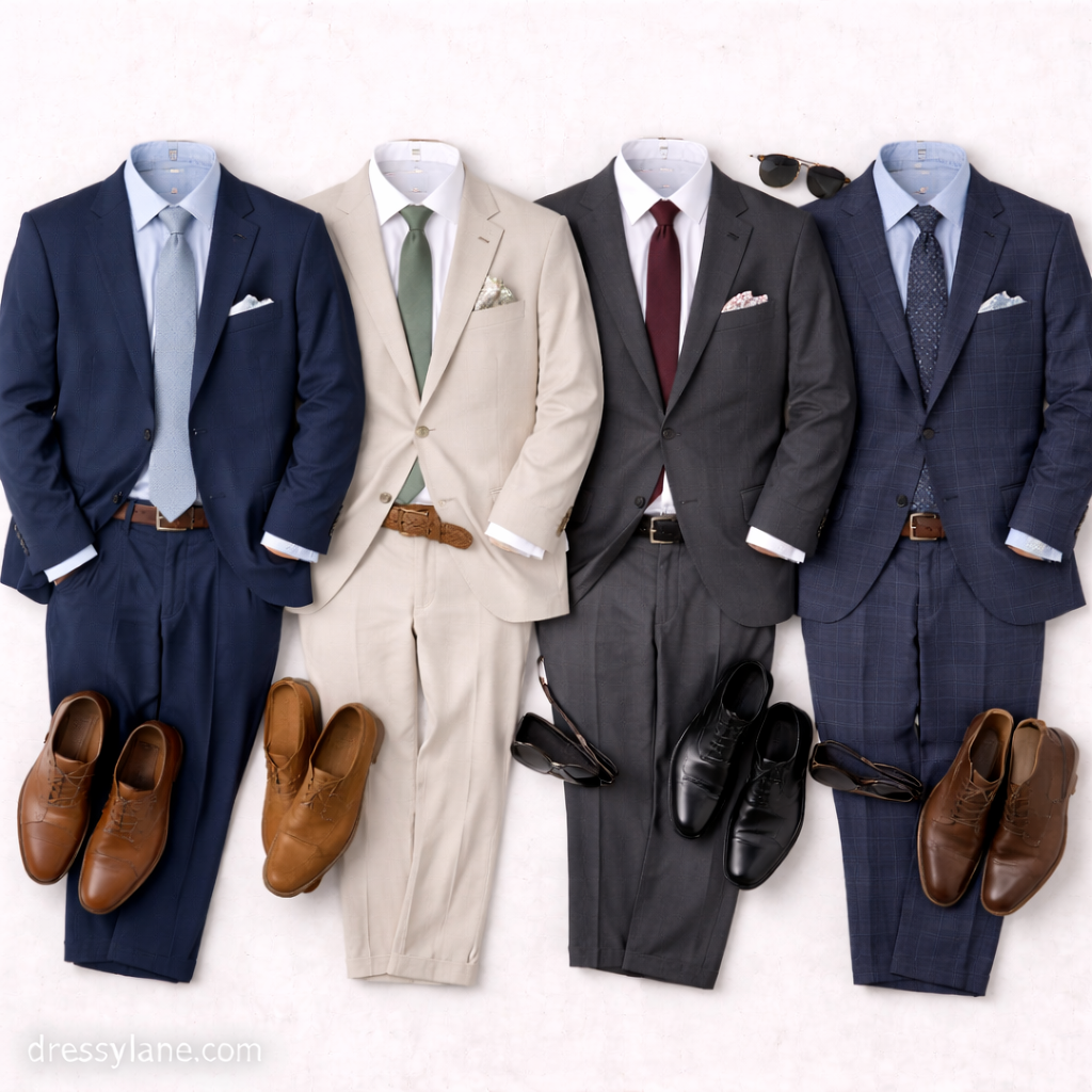 Flat lay of men’s elegant wedding guest outfits featuring tailored suits, dress shirts, ties, leather shoes, and coordinated accessories arranged on a neutral background.