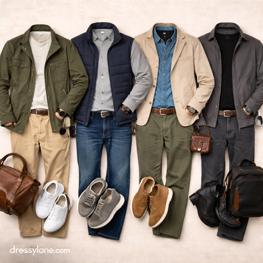 Men’s seasonal travel outfits displayed as a flat lay with layered jackets, versatile pants, comfortable shoes, and practical accessories.