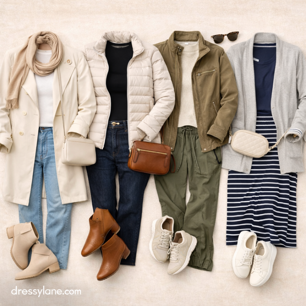 Women’s seasonal travel outfits displayed as a flat lay with layered jackets, comfortable pants, versatile shoes, and neutral accessories.
