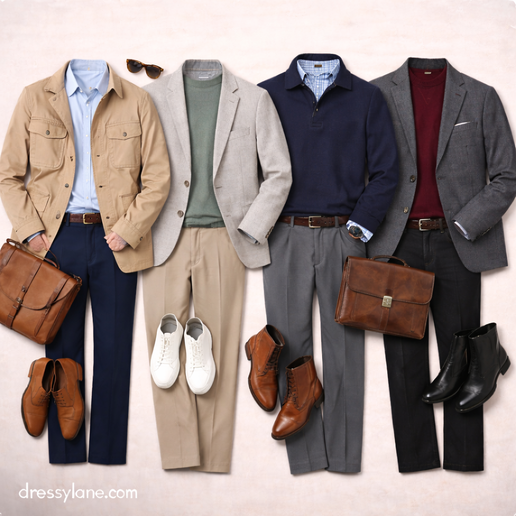 Men’s seasonal workday outfits displayed as a flat lay with layered jackets, tailored trousers, sweaters, and polished work accessories.