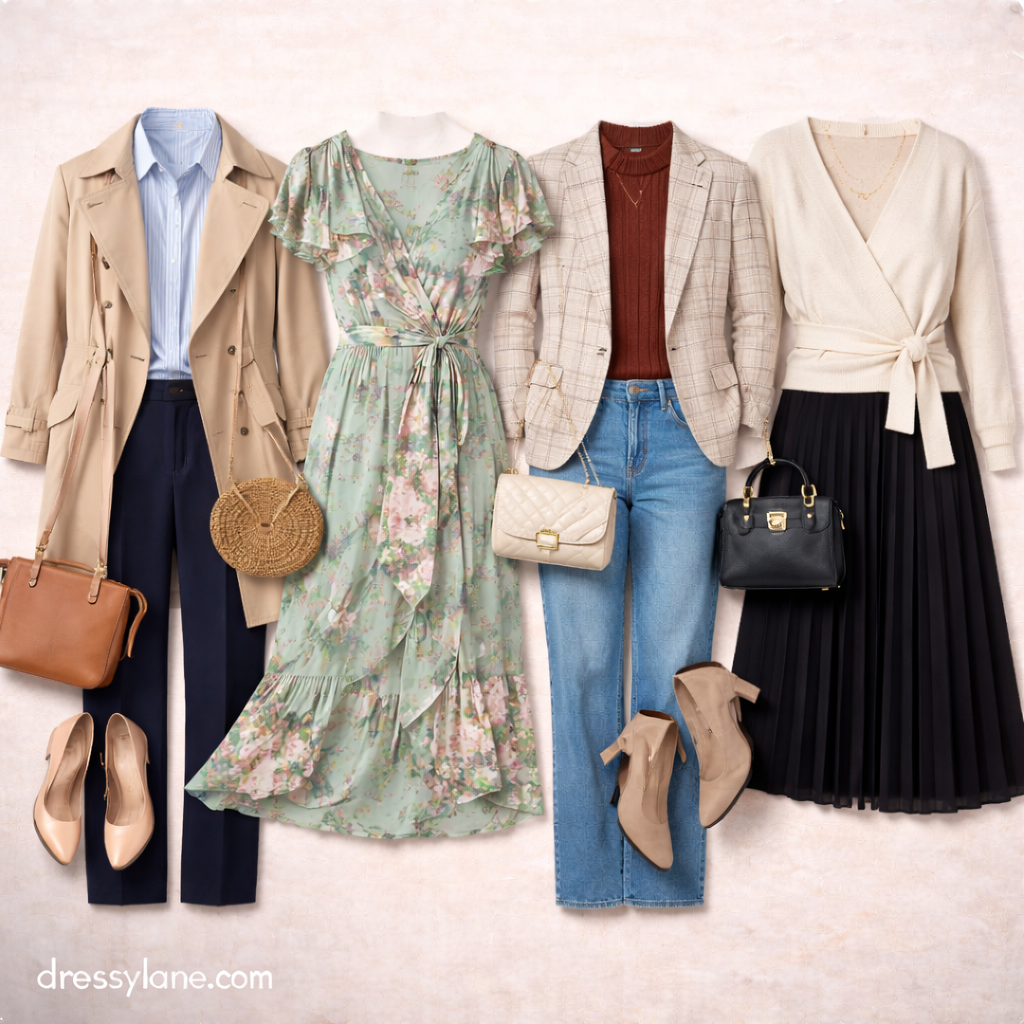 Women’s seasonal workday outfits displayed as a flat lay with layered jackets, dresses, tailored pants, skirts, and polished accessories.