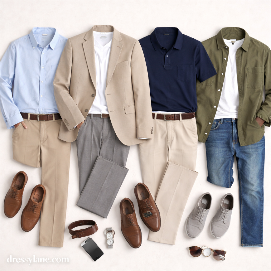 Flat lay of men’s simple social event outfits featuring neutral shirts, tailored trousers, casual blazers, loafers, and minimal accessories arranged on a clean background.
