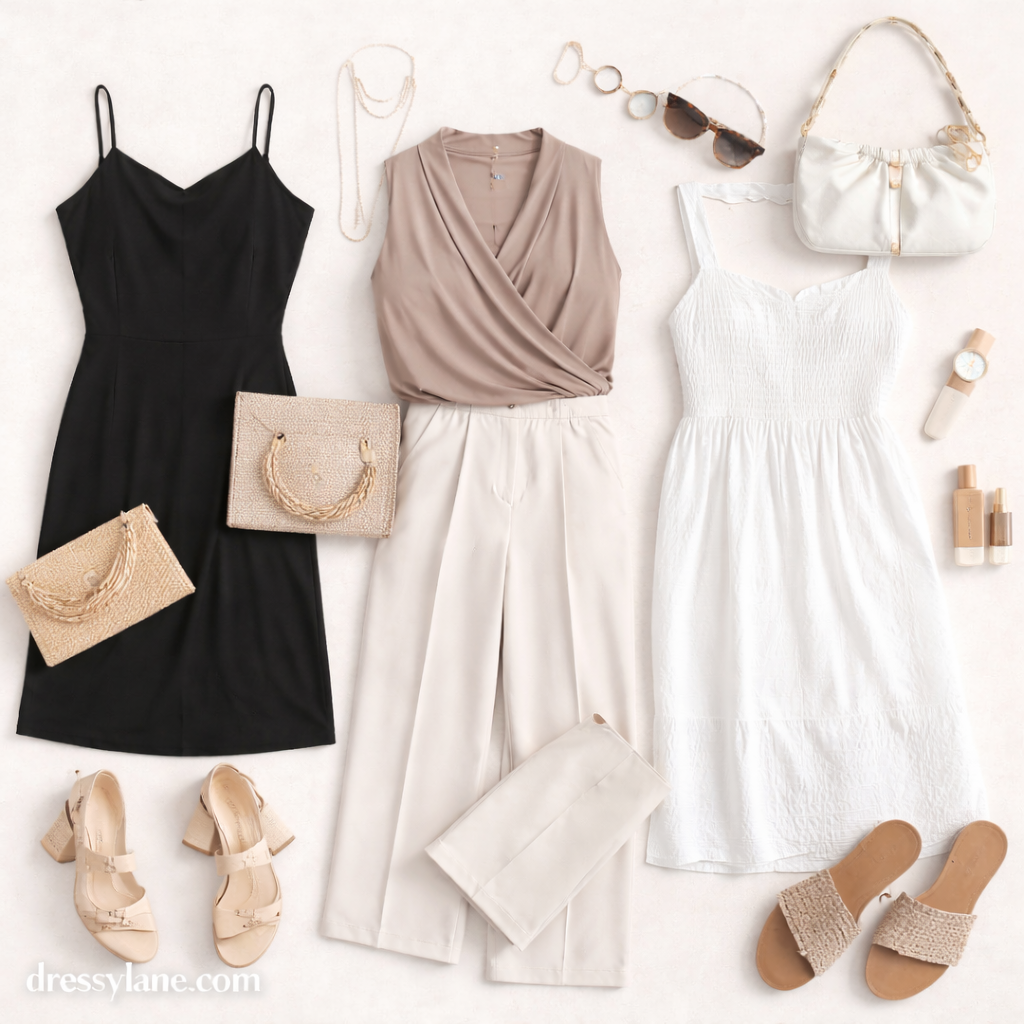 Flat lay of women’s simple social event outfits featuring dresses, neutral tops, trousers, sandals, and minimal accessories arranged on a light background.