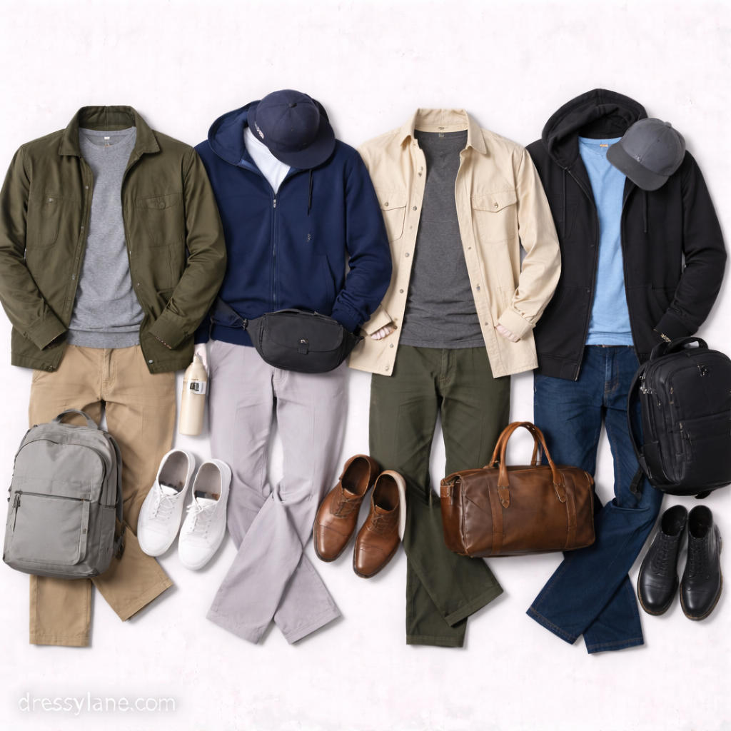 Flat lay of men’s simple travel outfits featuring full-length pants, lightweight jackets, casual tops, sneakers, and coordinated accessories arranged on a neutral background.