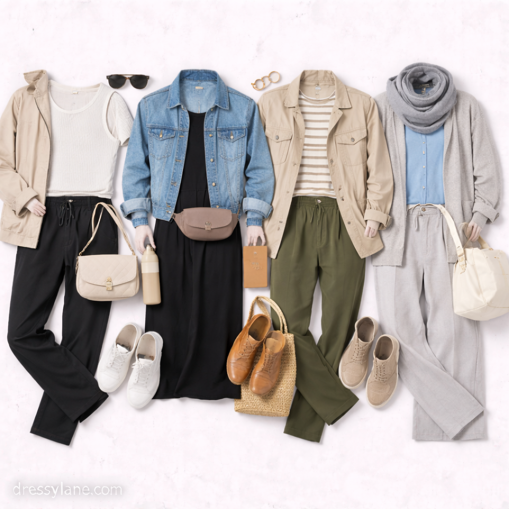 Flat lay of women’s simple travel outfits featuring relaxed pants, lightweight jackets, casual tops, sneakers, and coordinated accessories arranged on a neutral background.