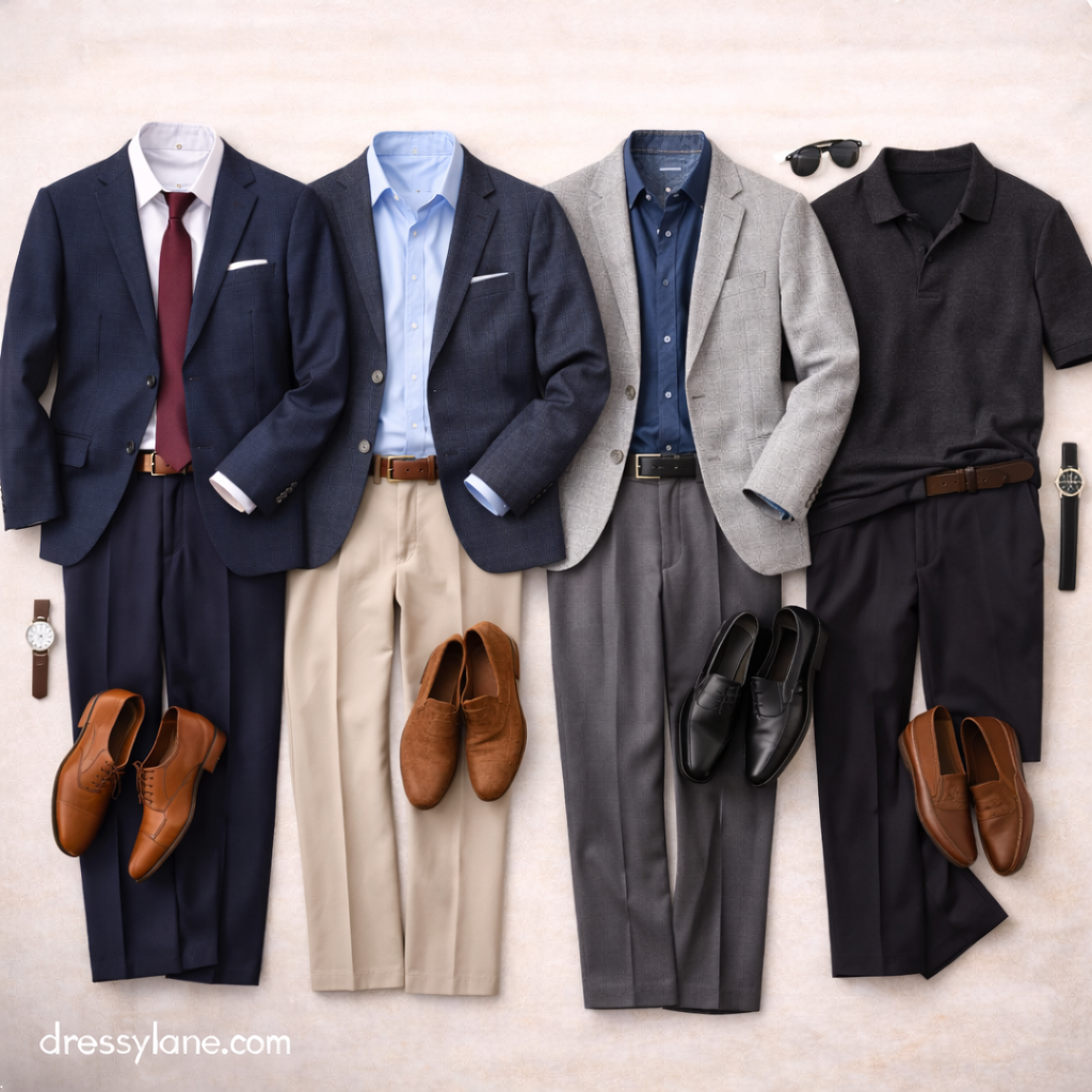 Men’s social event outfits displayed as a flat lay with tailored suits, blazers, dress shirts, and polished shoes suitable for all ages.