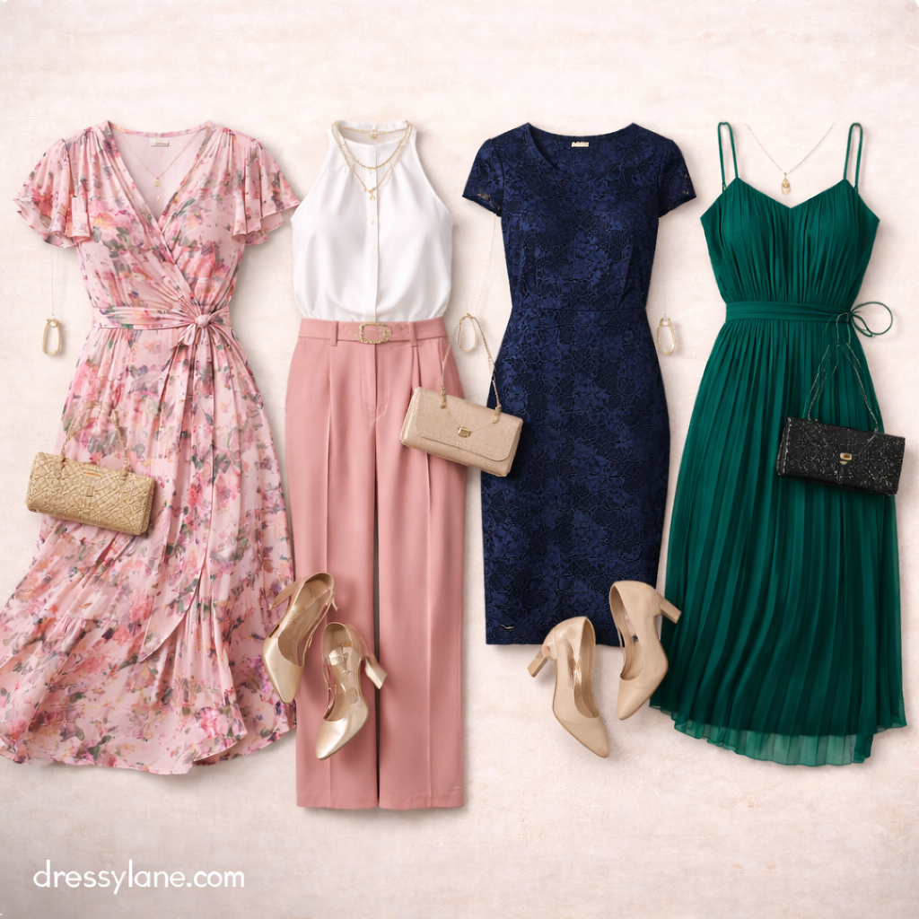 Women’s social event outfits displayed as a flat lay with elegant dresses, tailored trousers, and polished accessories suitable for all ages.