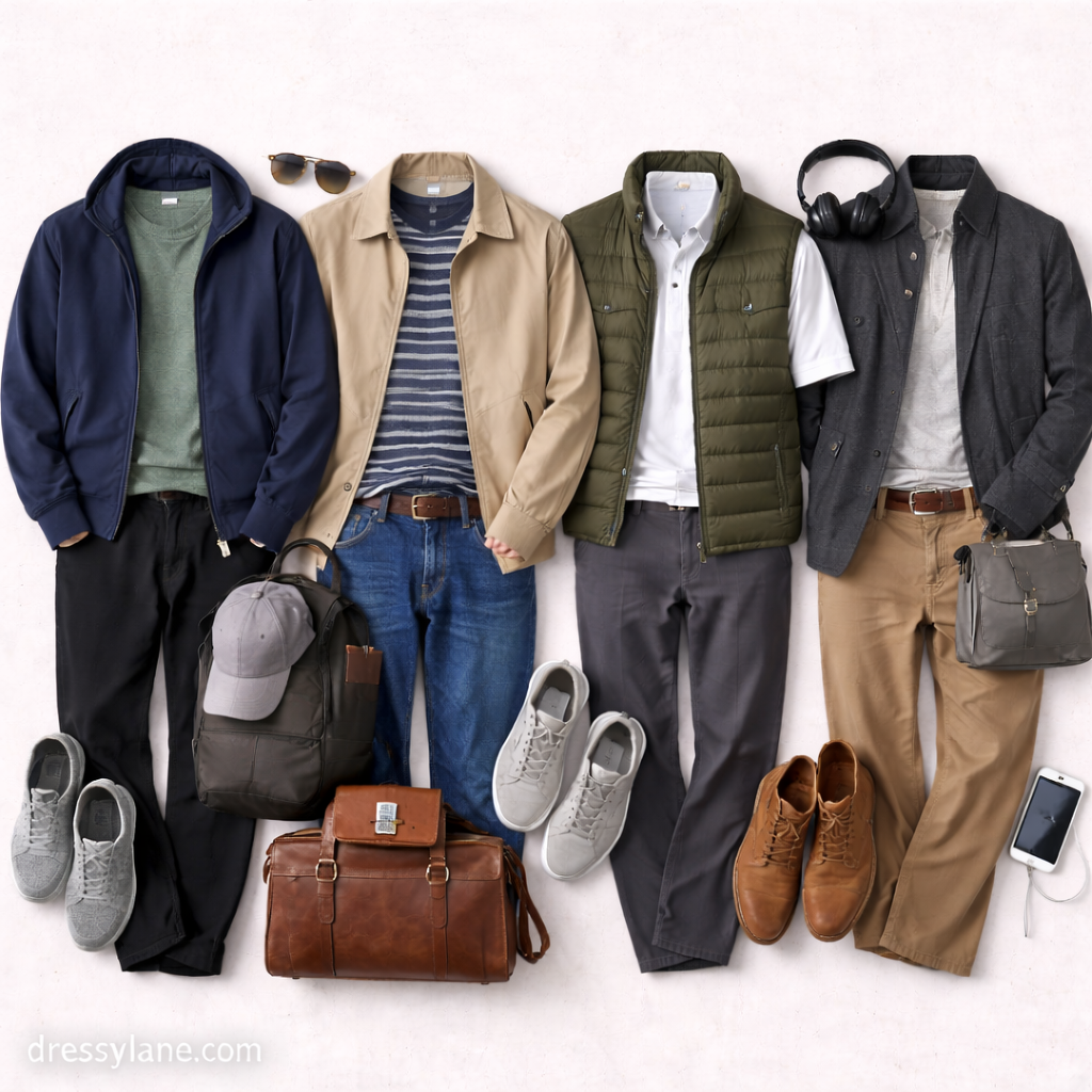 Flat lay of men’s stylish travel outfits featuring layered jackets, comfortable pants, sneakers, and coordinated accessories arranged on a neutral background.