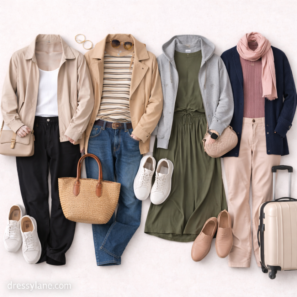 Flat lay of women’s stylish travel outfits featuring comfortable layers, casual pants, sneakers, and coordinated accessories arranged on a neutral background.