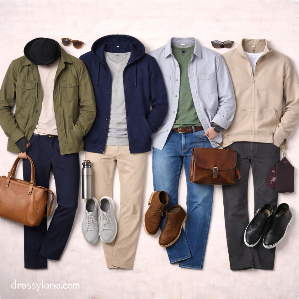 Men’s flexible travel outfits displayed as a flat lay with layered jackets, comfortable pants, versatile shoes, and travel-ready accessories.
