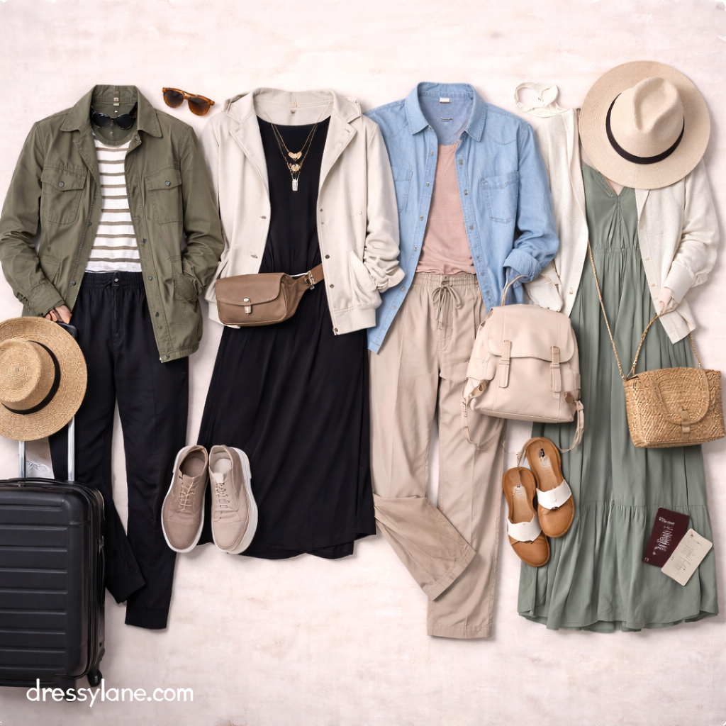 Women’s flexible travel outfits displayed as a flat lay with layered jackets, comfortable dresses, versatile pants, and travel-ready accessories.