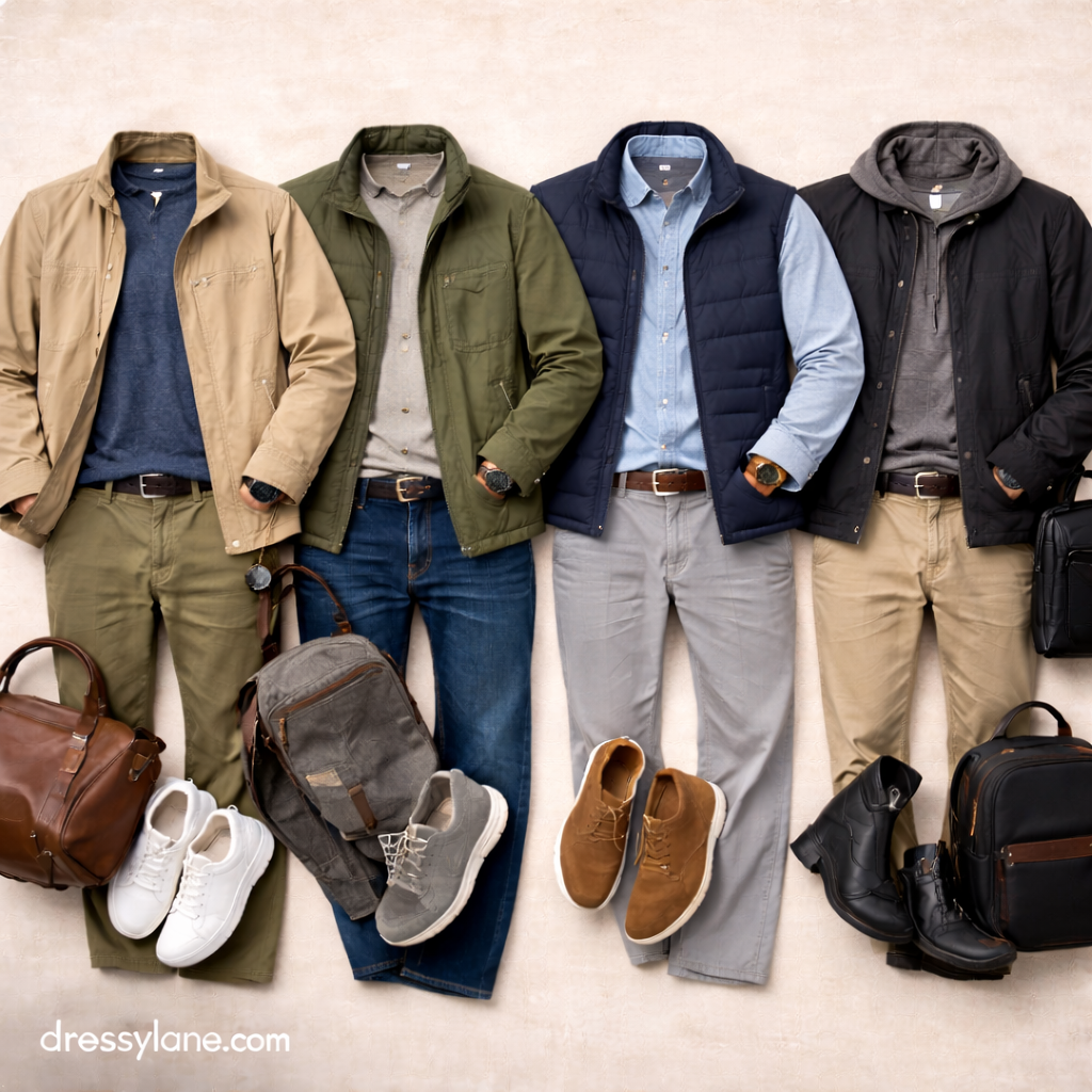 Men’s versatile travel outfits displayed as a flat lay with layered jackets, neutral pants, comfortable shoes, and functional accessories.