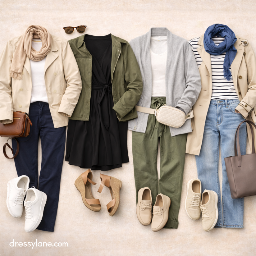 Women’s versatile travel outfits displayed as a flat lay with layered jackets, comfortable pants, casual dresses, and mix-and-match accessories.