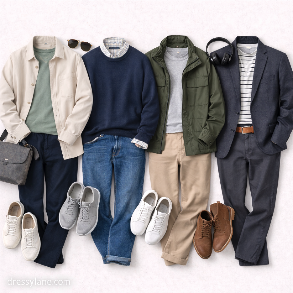 Flat lay of men’s put-together everyday outfits featuring full-length pants, casual jackets, shirts, clean footwear, and coordinated accessories arranged on a neutral background.