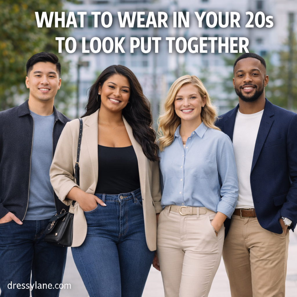 A diverse group of men and women in their twenties wearing polished casual outfits in an urban setting, representing confident and put-together everyday style.