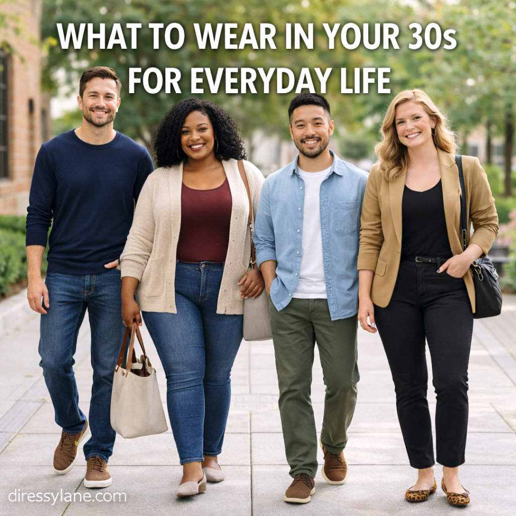 A diverse group of men and women in their thirties wearing polished everyday outfits while walking outdoors, including a confident curvy woman styled in casual, put-together attire.