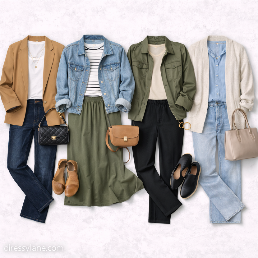 Flat lay of women’s everyday outfits featuring jeans, skirts, layered tops, jackets, comfortable shoes, and coordinated accessories arranged on a neutral background.