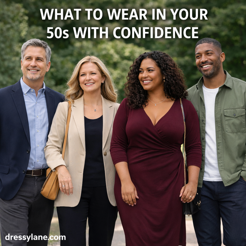 Stylish men and women in their 50s wearing polished, modern outfits that reflect confidence, comfort, and timeless personal style.