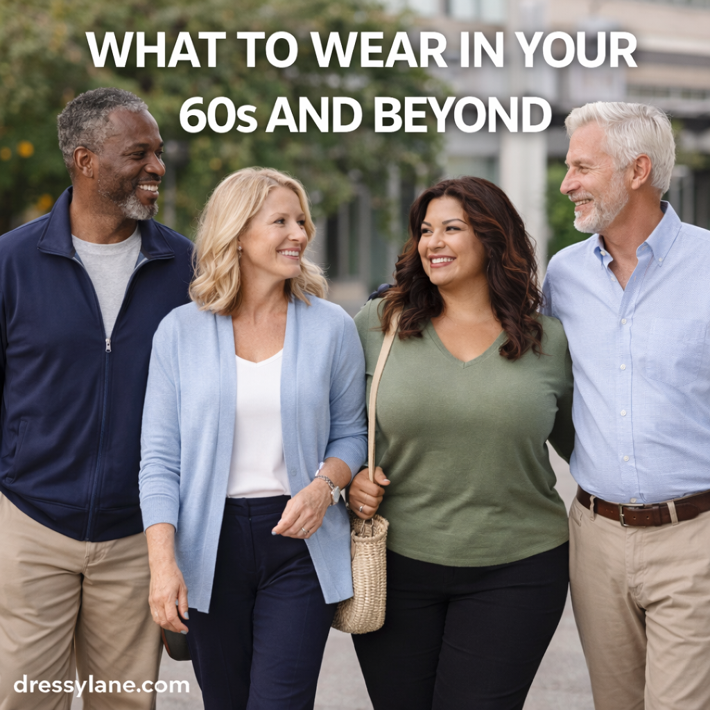 Stylish men and women in their 60s wearing comfortable, modern outfits that reflect confidence, ease, and timeless personal style.
