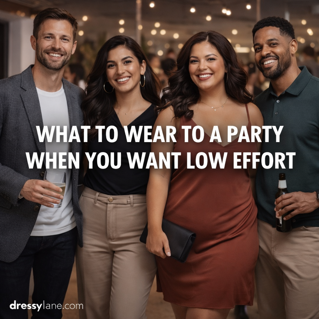Group of men and women at a casual party wearing relaxed yet stylish outfits, illustrating low-effort party dressing.
