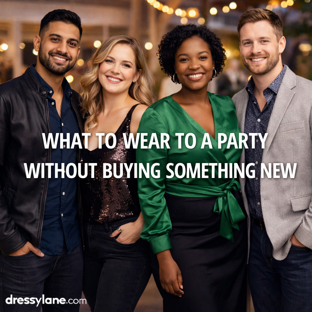 Group of diverse men and women wearing stylish party outfits they already own, showing how to dress for a party without buying something new.