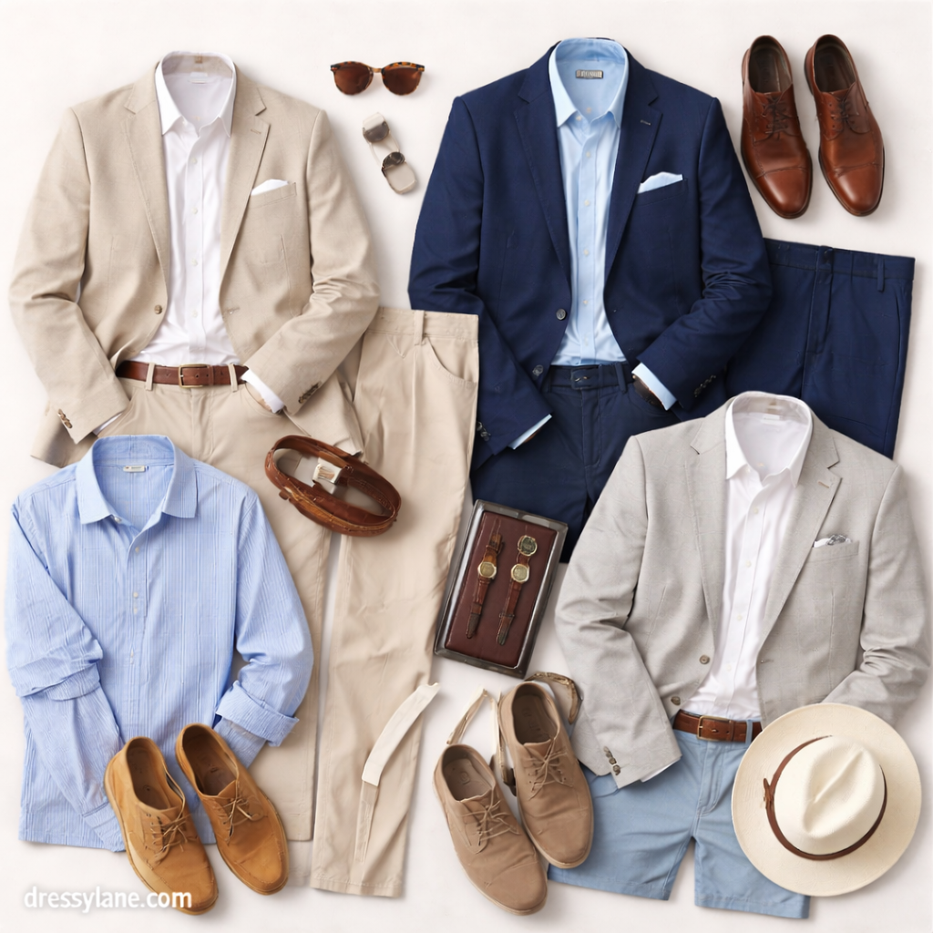 Flat lay of men’s wedding guest outfits suitable for destination weddings, featuring tailored suits and formal accessories.