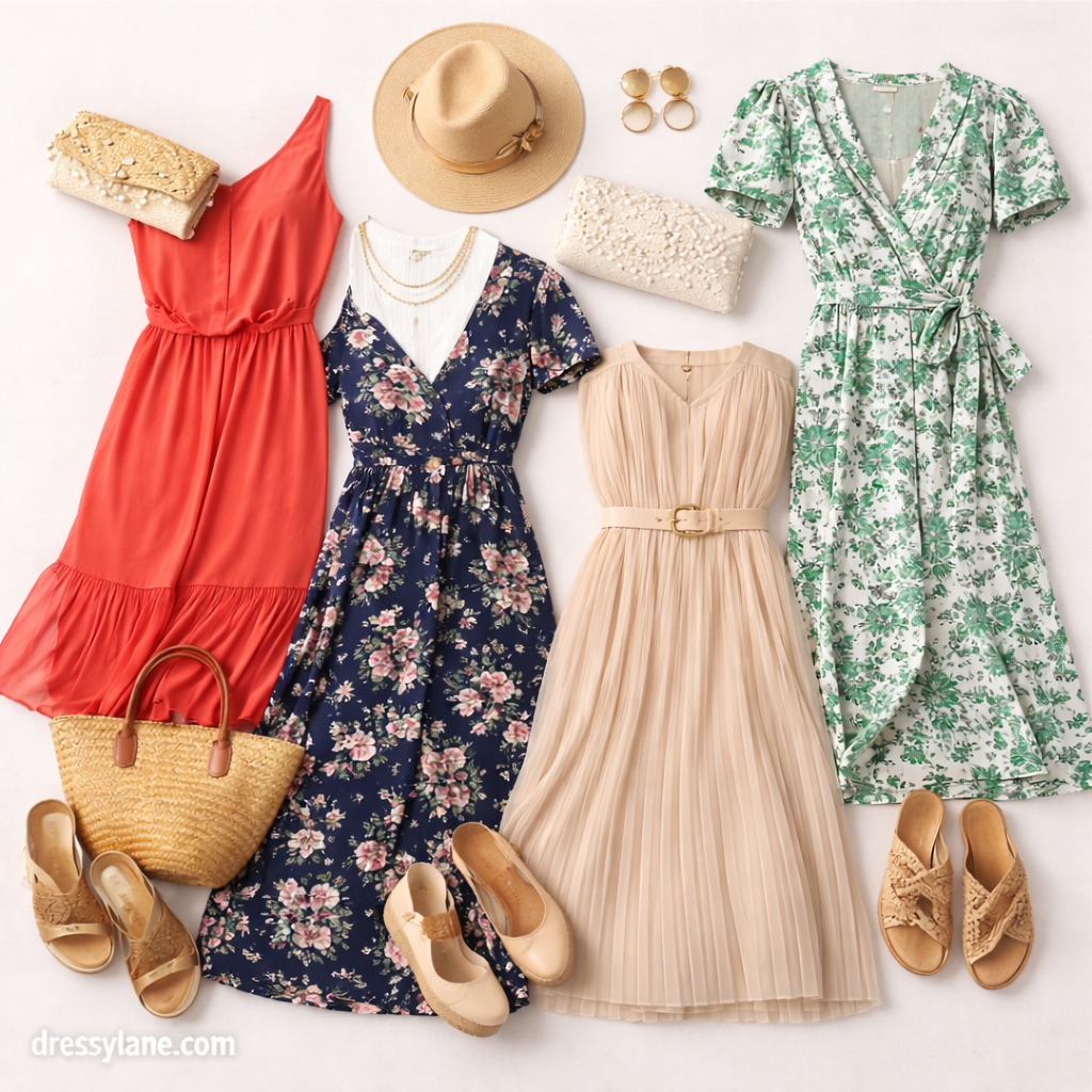 Flat lay of women’s wedding guest outfits suitable for destination weddings, featuring elegant dresses and accessories.