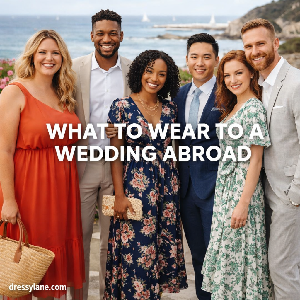 Diverse group of men and women dressed in elegant destination wedding attire at a seaside wedding abroad.