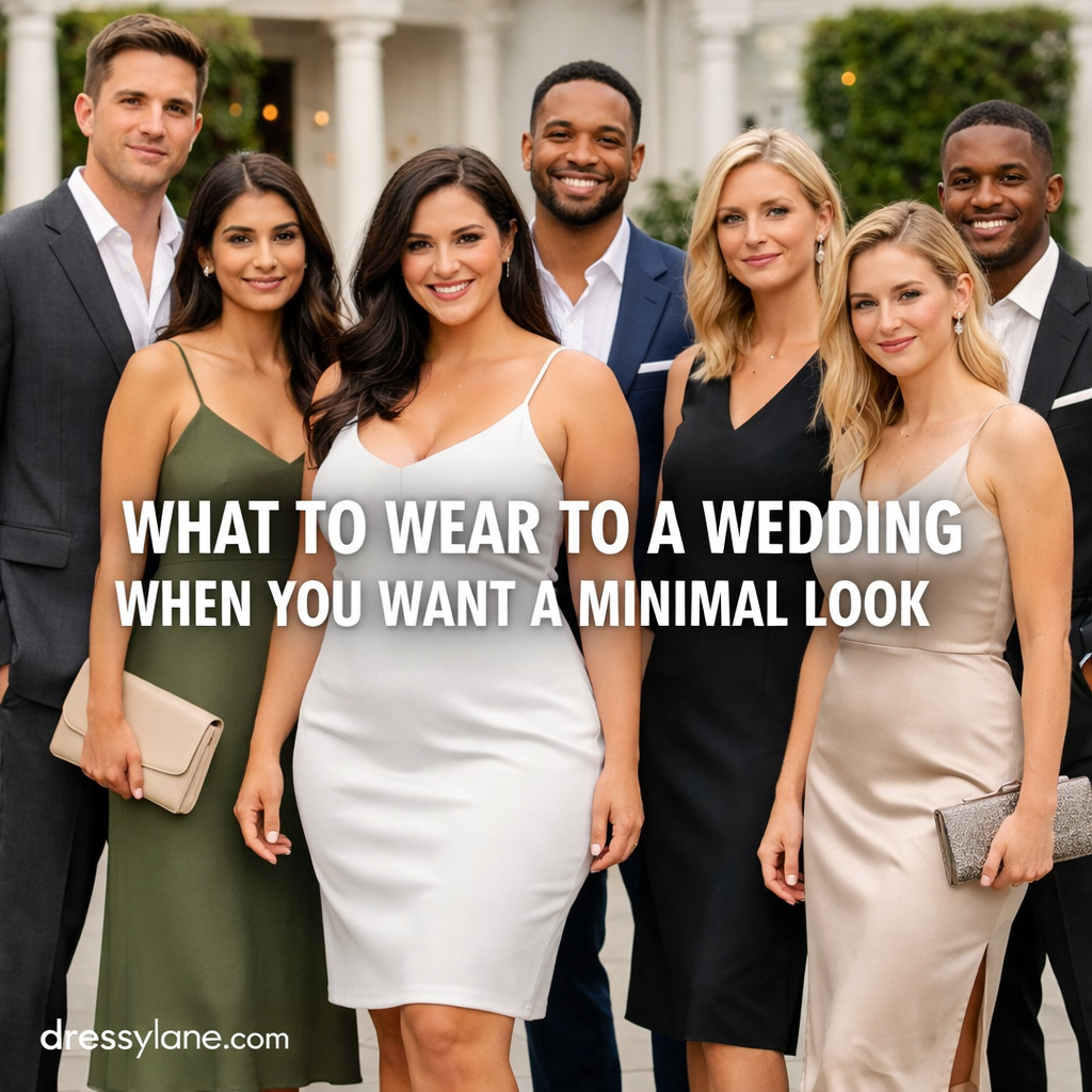 Group of men and women wearing minimalist wedding outfits in neutral tones, featuring clean silhouettes and elegant styling for a wedding guest look.