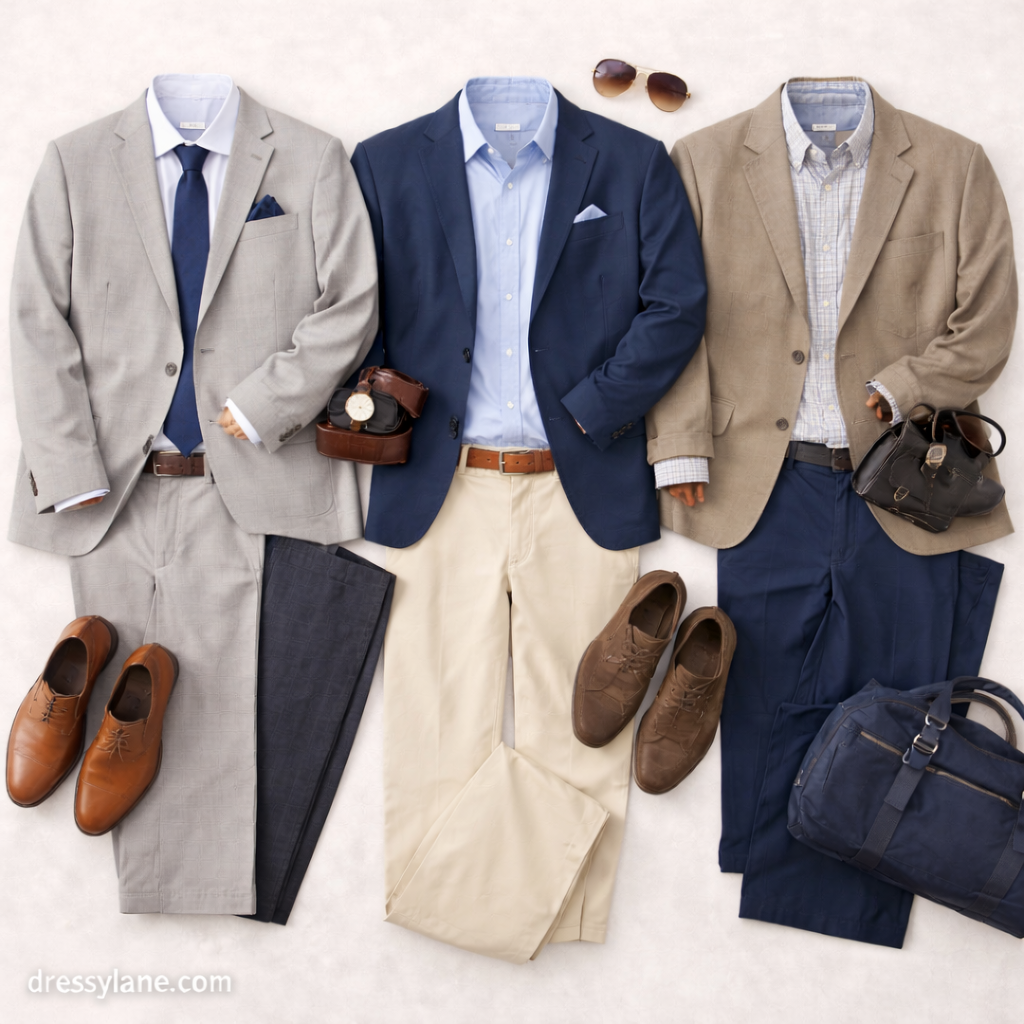 Flat lay of men’s wedding guest outfits suitable for weddings with multiple locations, featuring tailored suits and versatile accessories.