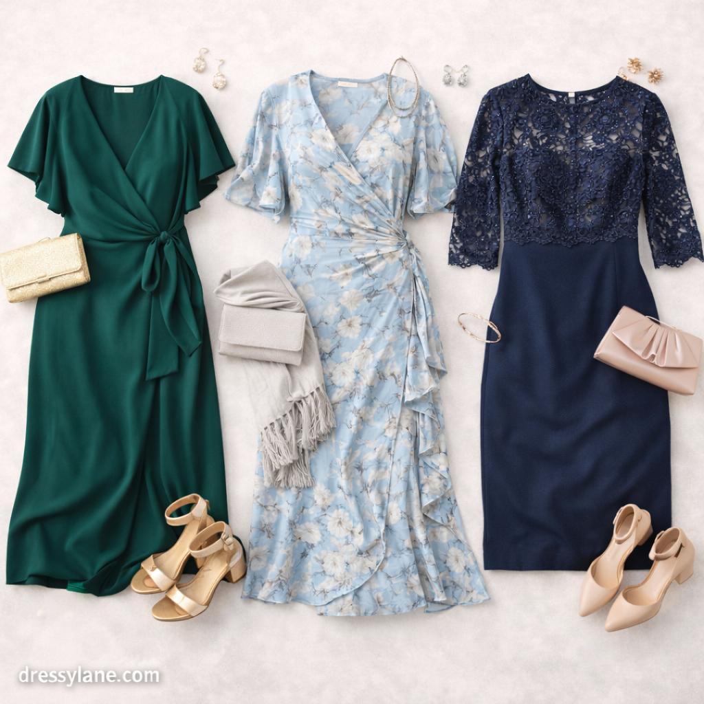 Flat lay of women’s wedding guest outfits suitable for weddings with multiple locations, featuring elegant dresses and accessories.