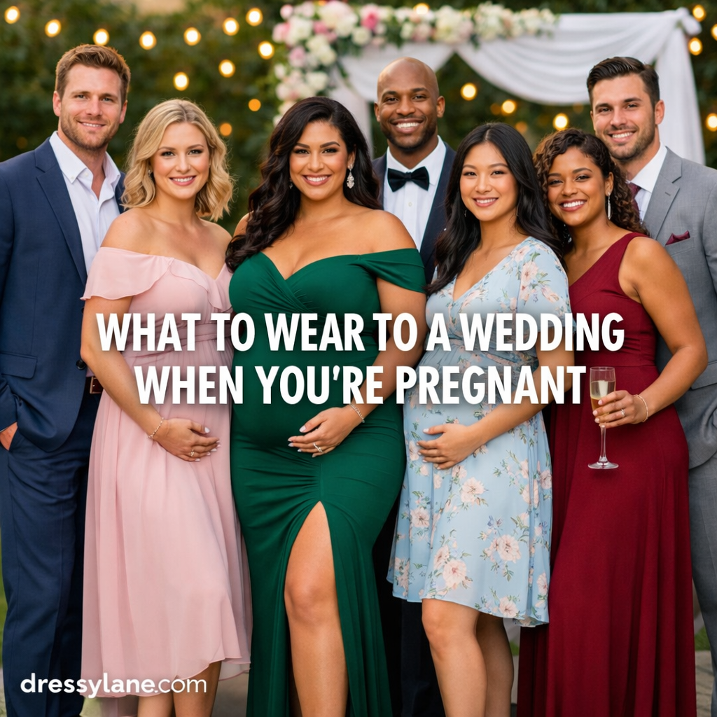 Group of well-dressed wedding guests including a pregnant woman wearing an elegant maternity dress at a formal outdoor wedding.