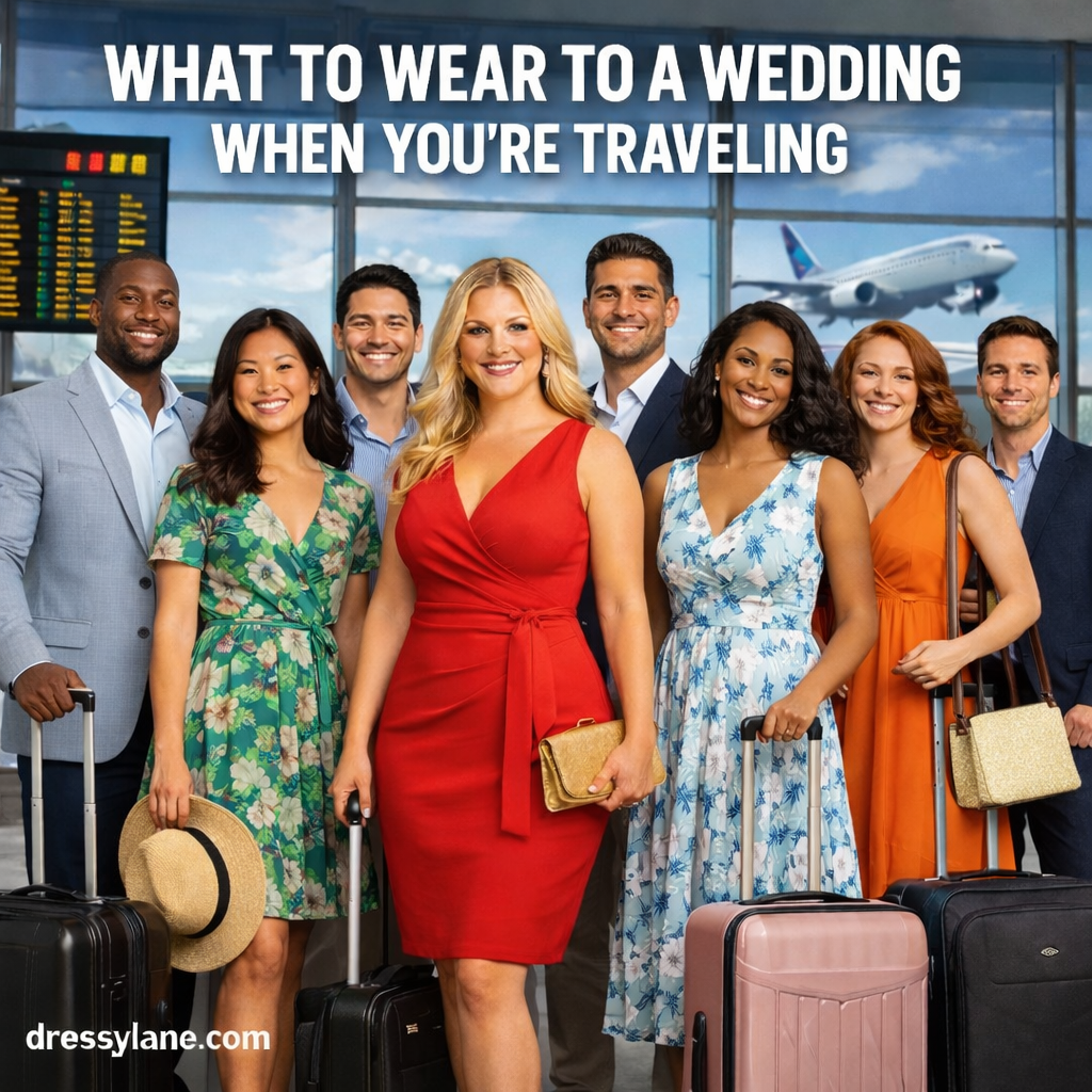 A diverse group of men and women dressed in wedding-appropriate outfits standing in an airport with luggage, representing what to wear to a wedding when you’re traveling.