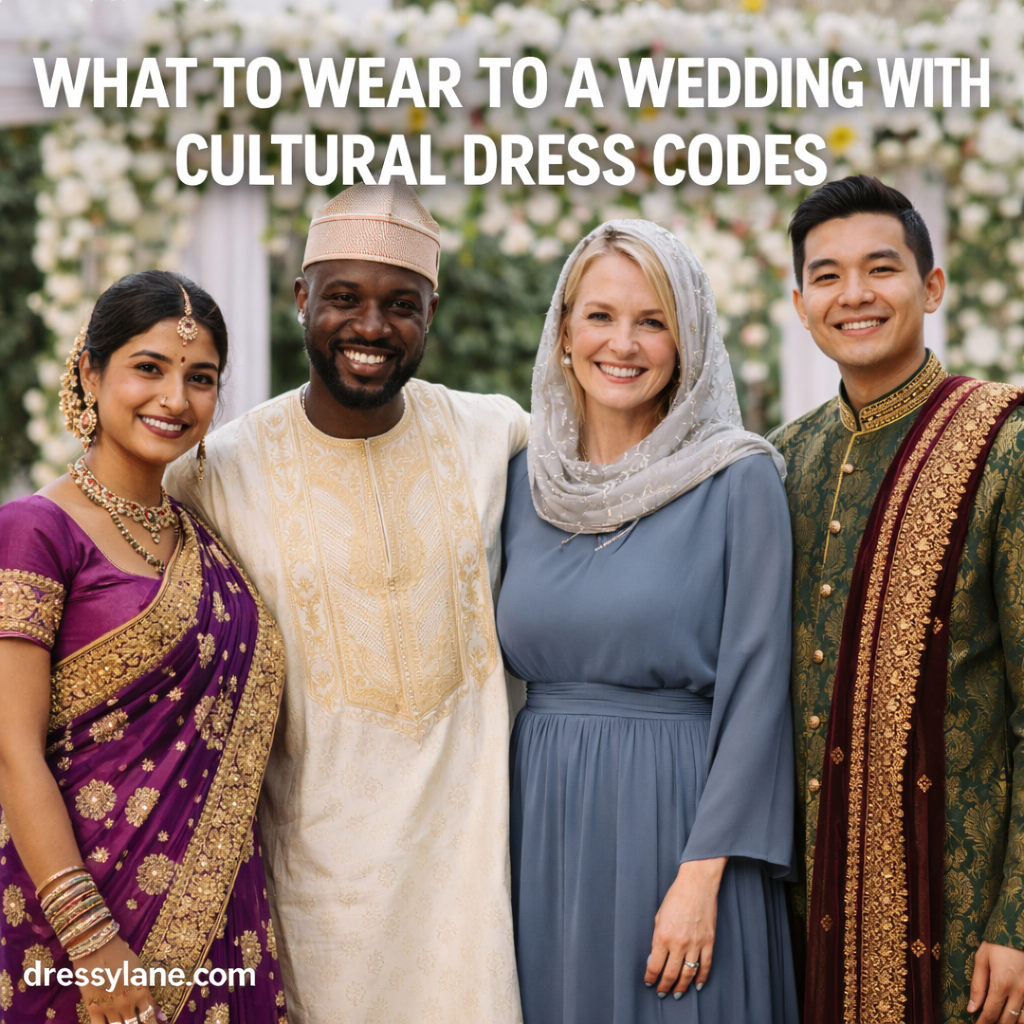 A diverse group of wedding guests wearing elegant cultural and formal attire, representing respectful outfit choices for weddings with cultural dress codes.