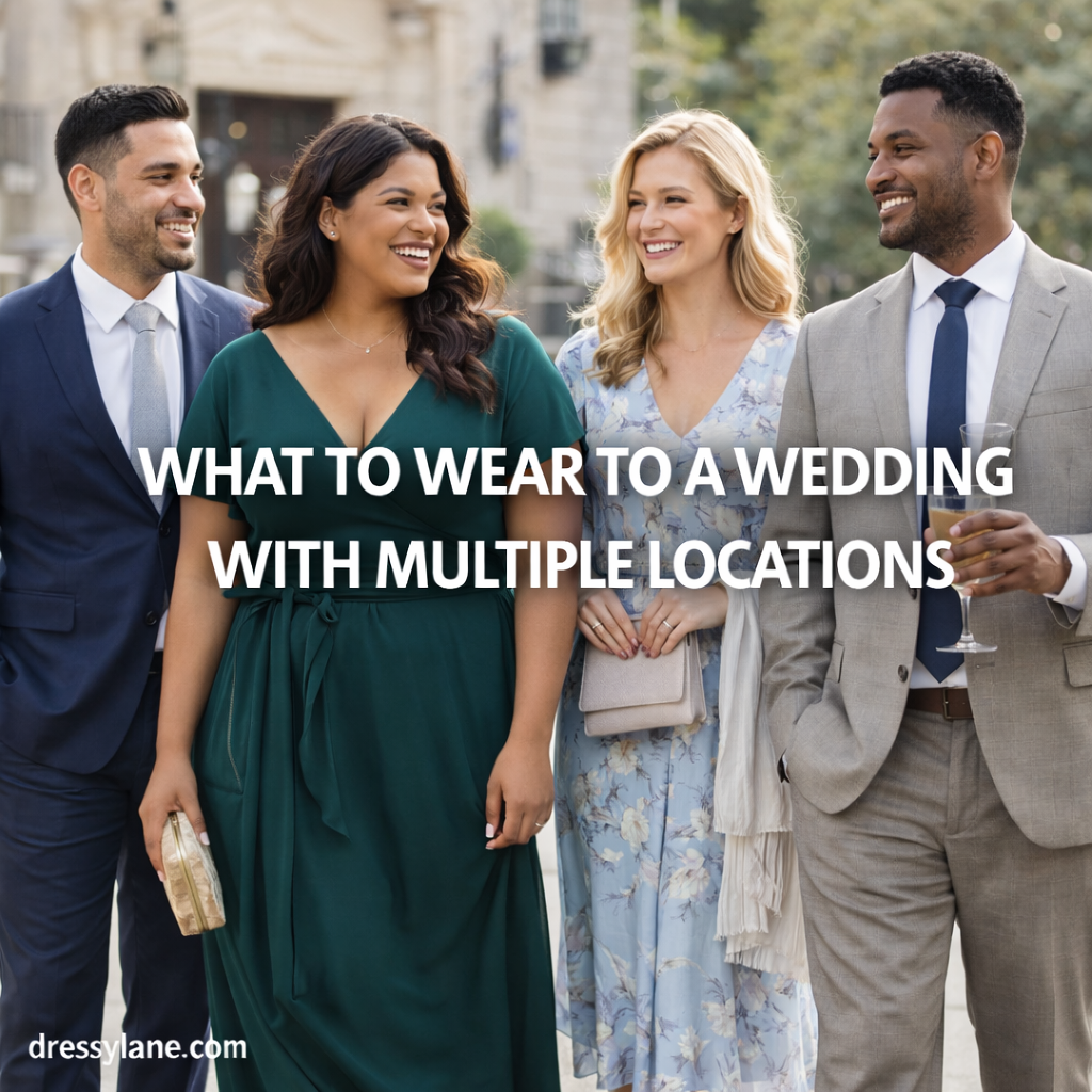 Diverse group of wedding guests dressed in elegant outfits suitable for a wedding with multiple locations.