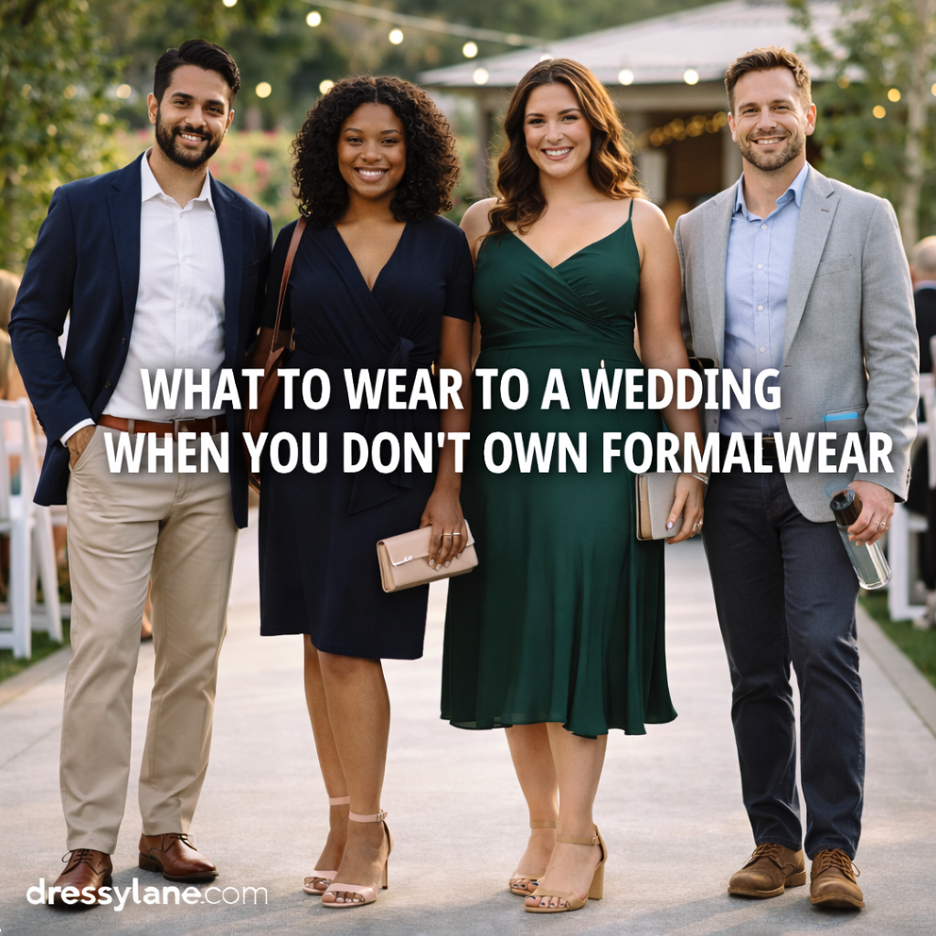 Diverse group of wedding guests wearing polished, non-formal outfits at an outdoor wedding, including a confident curvy mixed white woman in an elegant dress.