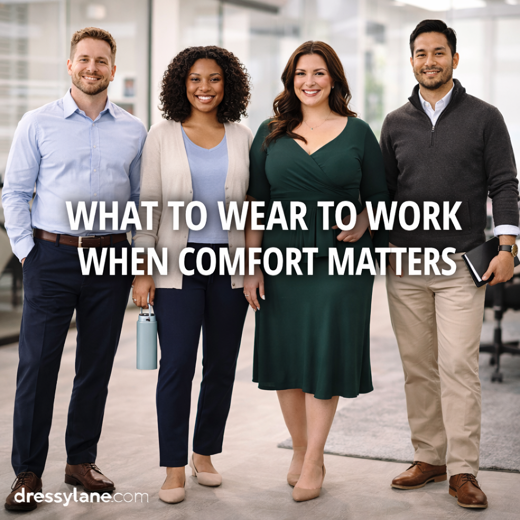 Diverse group of professionals wearing comfortable, polished work outfits in a modern office, including a confident curvy woman.