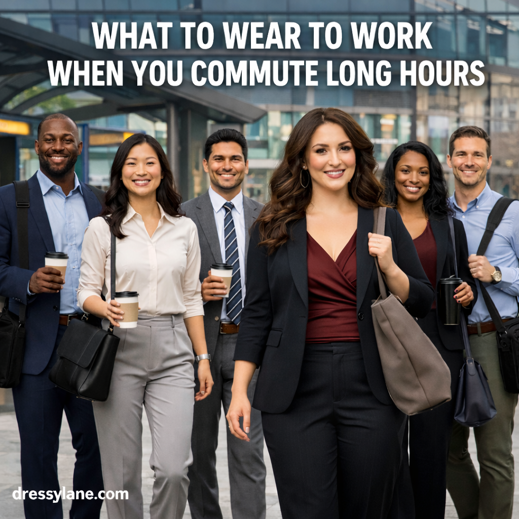 A diverse group of professionals walking near a transit station wearing comfortable, polished work outfits designed for long daily commutes.