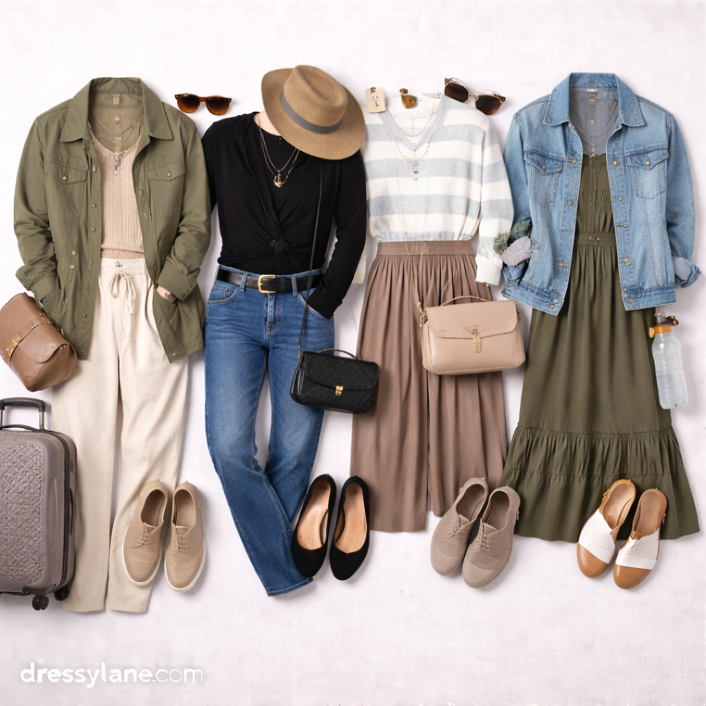 Flat lay of women’s everyday outfits featuring versatile layers, comfortable dresses, casual pants, and supportive shoes arranged on a neutral background.