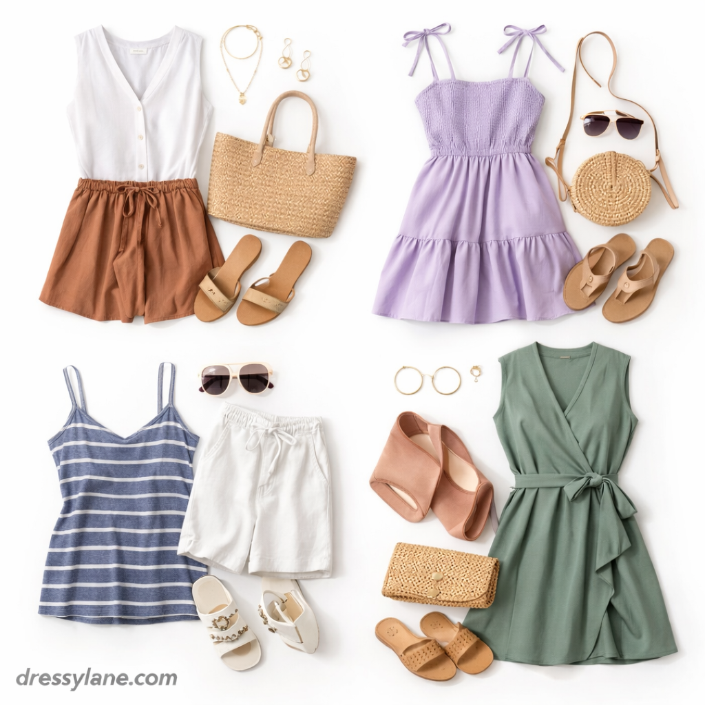Flat lay of women’s lightweight outfits featuring breathable tops, dresses, shorts, sandals, handbags, and accessories designed for staying cool.