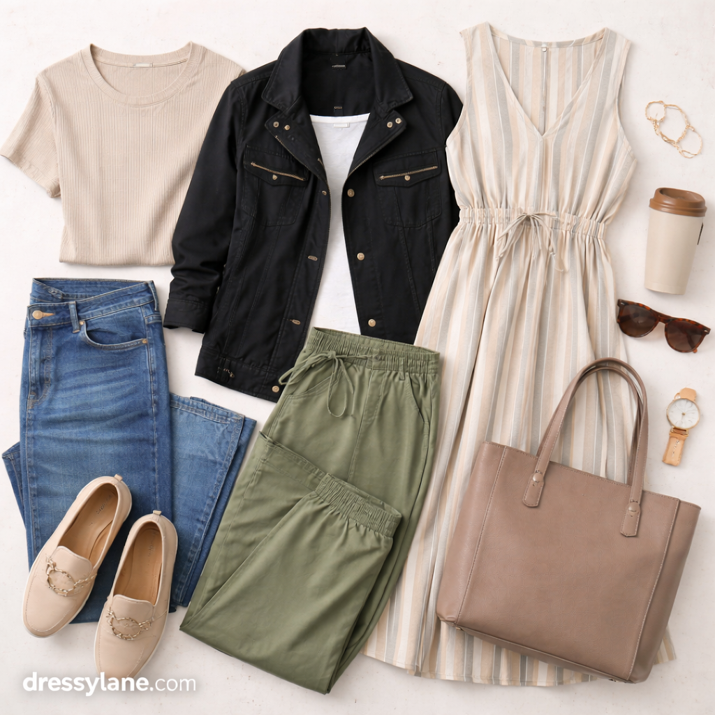 Flat lay of women’s versatile clothing featuring comfortable everyday pieces designed for busy, real-life schedules.
