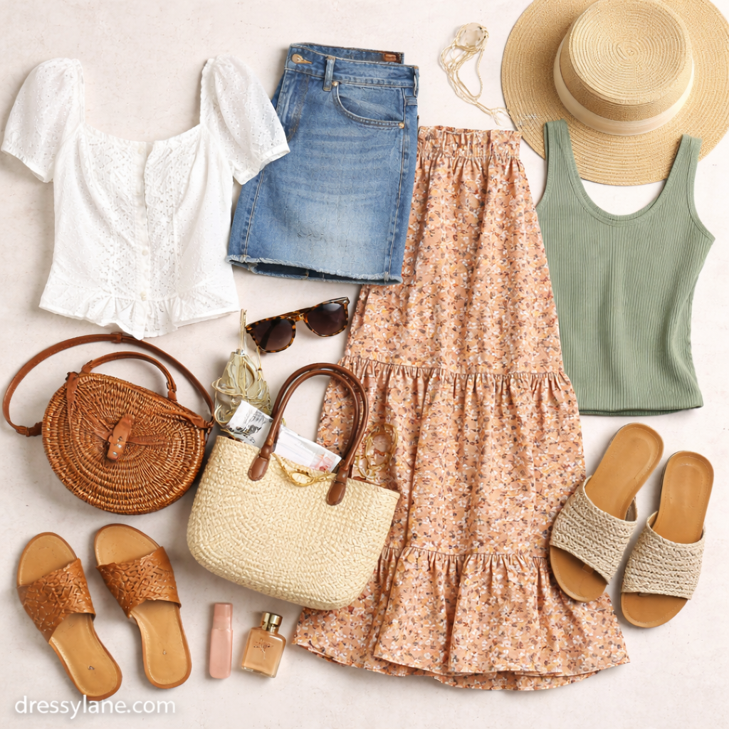 Flat lay of women’s clothing featuring soft silhouettes, neutral tones, and simple accessories for calm, confident style.