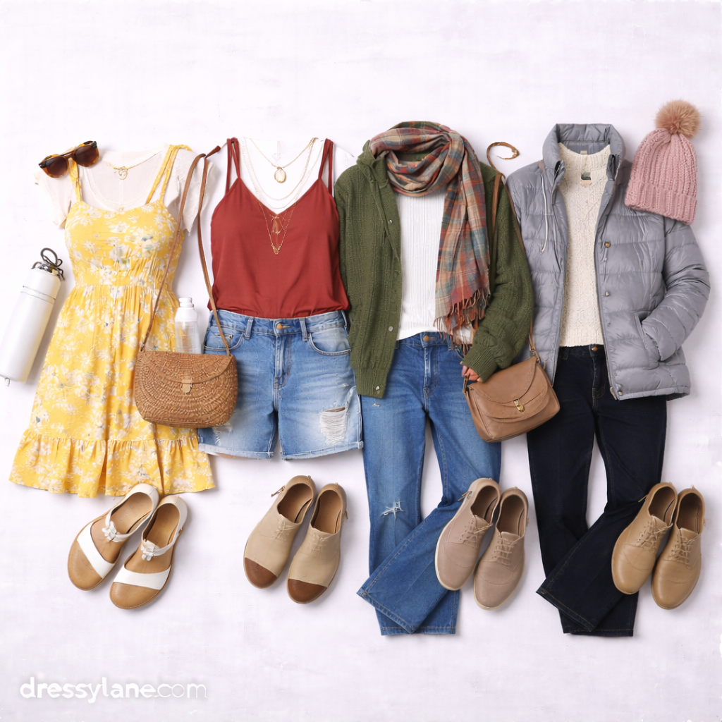 Flat lay of women’s casual social event outfits styled for different seasons, featuring dresses, layered tops, jackets, jeans, and coordinating shoes on a neutral background.