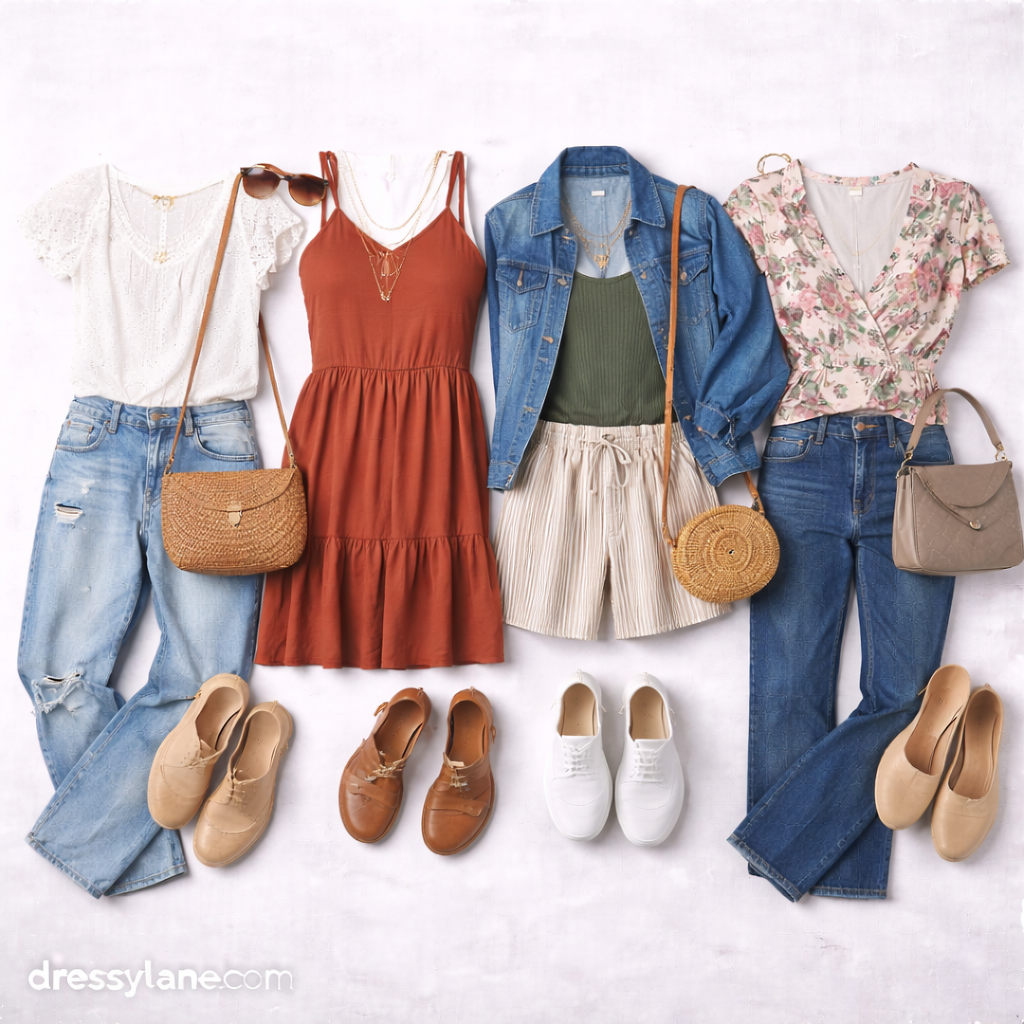 Flat lay of women’s casual social event outfits featuring dresses, jeans, relaxed tops, and comfortable shoes styled on a neutral background.