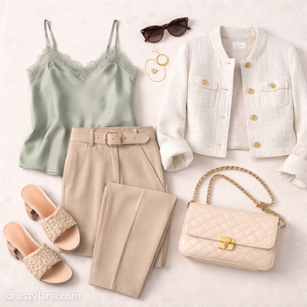 A women’s flat lay featuring a satin camisole, tweed jacket, tailored trousers, block-heeled sandals, quilted handbag, sunglasses, and gold jewelry arranged neatly.