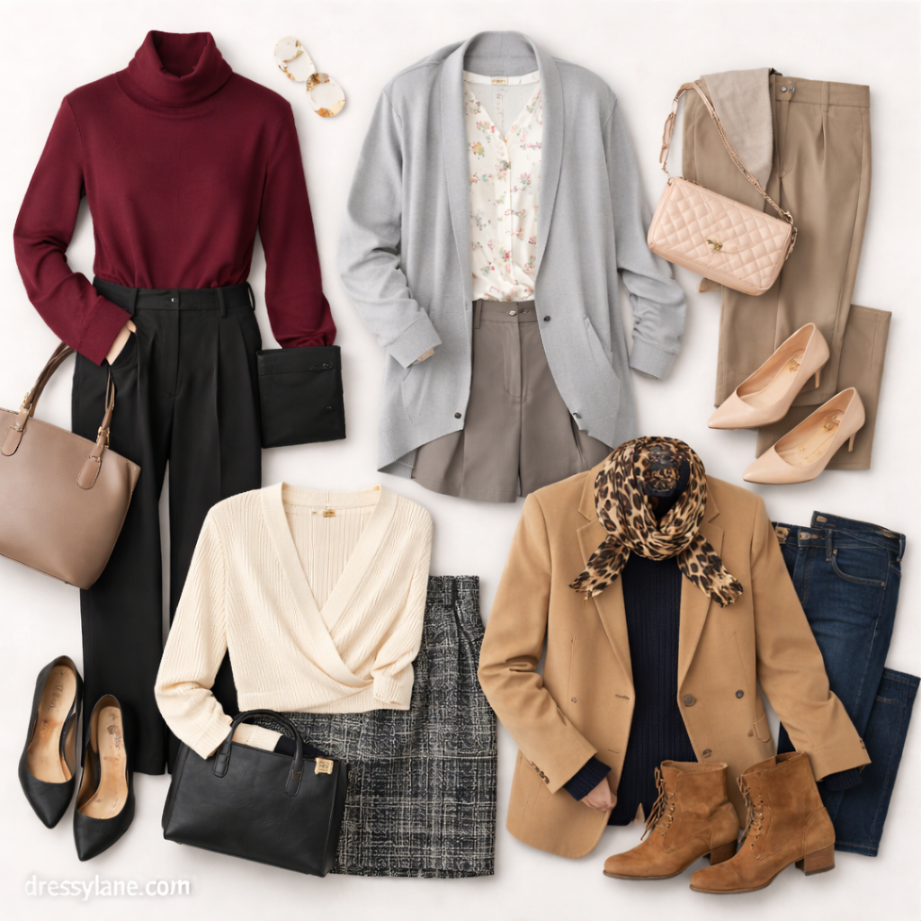 Flat lay of women’s work outfits designed for cold office environments, featuring layered professional clothing.