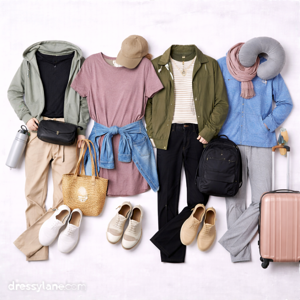 Flat lay of women’s comfortable travel outfits featuring relaxed dresses, joggers, lightweight layers, sneakers, and travel accessories arranged on a neutral background.