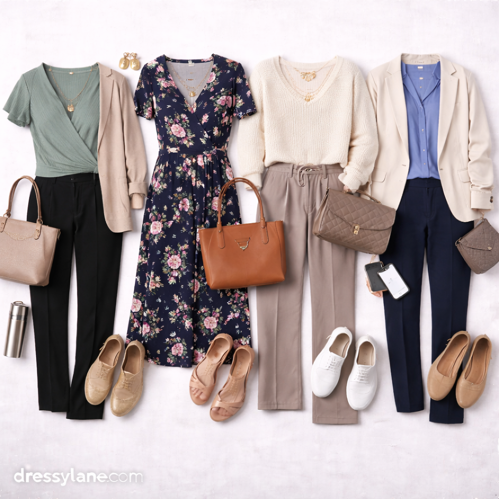 Flat lay of women’s comfortable work outfits featuring soft blouses, stretch trousers, dresses, and supportive shoes arranged on a neutral background.