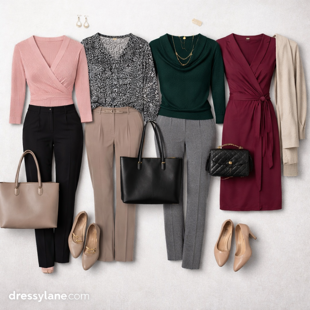 Flat lay of comfortable and professional women’s work outfits with stretch-friendly pants, wrap tops, and supportive shoes arranged on a neutral background.